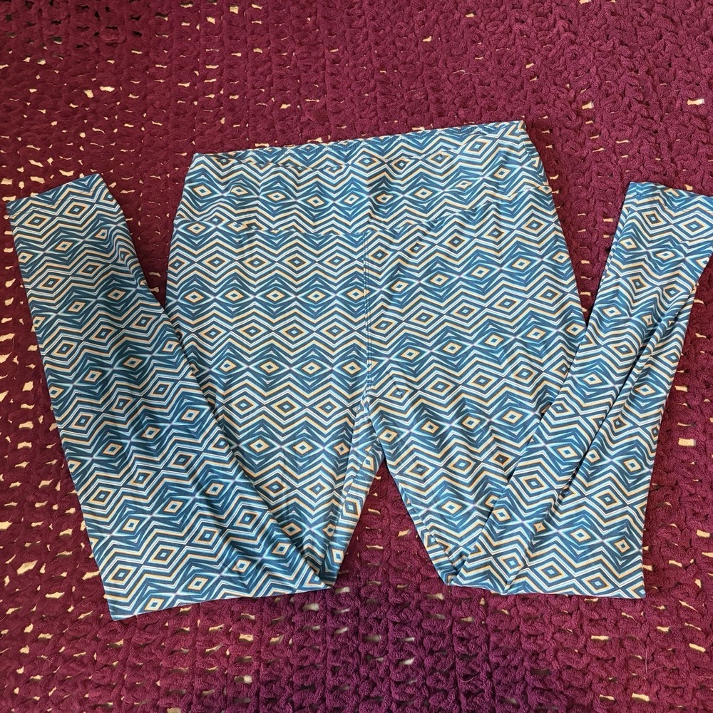 LuLaRoe Tall & Curvy Blue Geometric Ankle Leggings Polyester Spandex Women